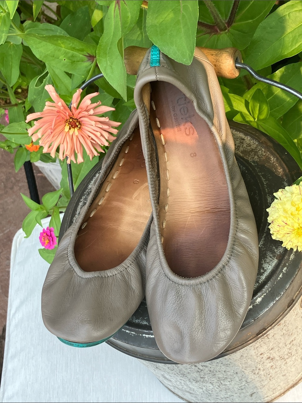 Tieks Taupe Leather Ballet Flats with Teal Heel Tab